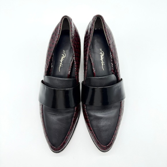 PHILLIP LIM Quinn Heeled Loafer Womens 7 Burgundy Black Croc Embossed Block Luxe - Picture 5 of 12